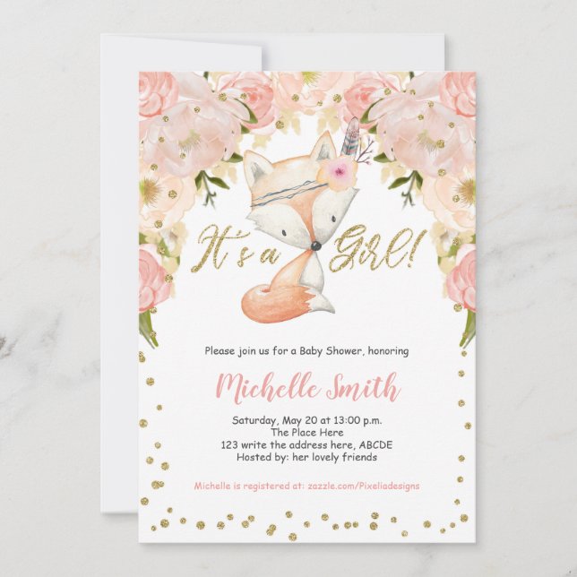 Peach Floral, Fox, Woodland Baby Girl Shower Invitation (Front)