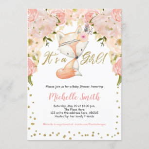Peach Floral, Fox, Woodland Baby Girl Shower Invitation