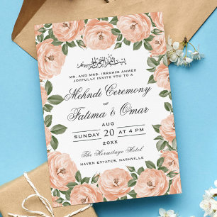 Peach Floral Frame Islamic Henna Mehndi Ceremony Invitation