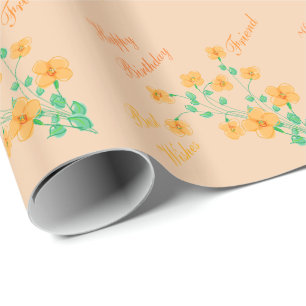 Peach Floral Friend Birthday Wisehes Wrapping Paper