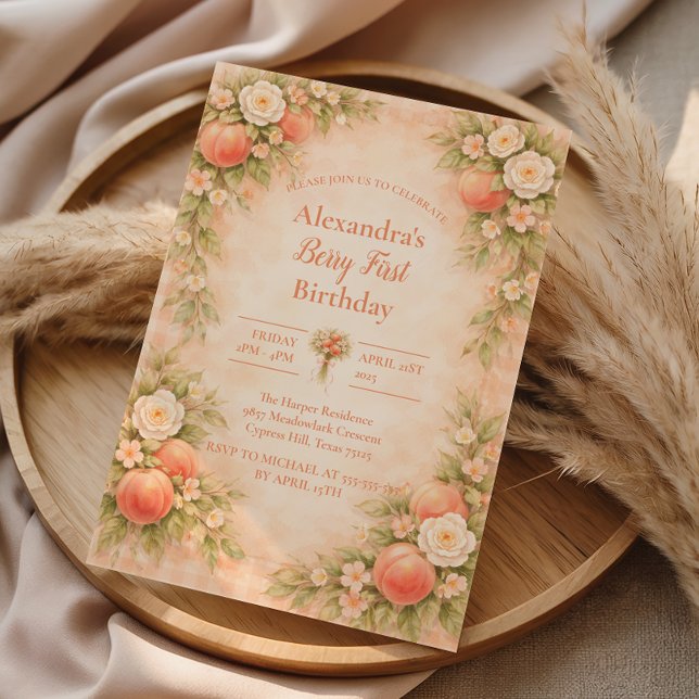 Peach Floral Garden First Birthday 1st Birthday Invitation (Creator Uploaded)