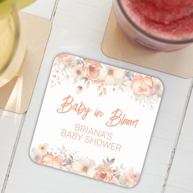 Peach Floral Gender Neutral Baby Shower Square Paper Coaster (Creator Uploaded)
