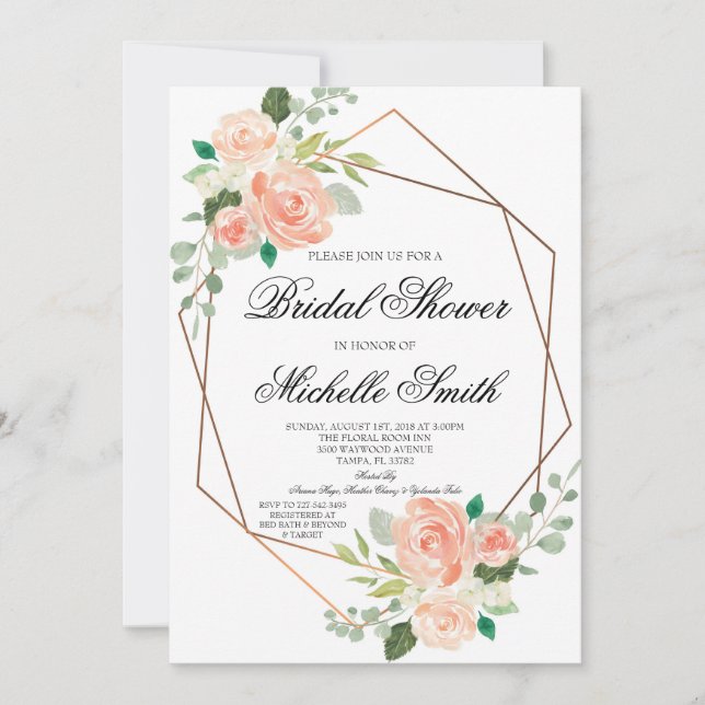 Peach Floral Geometric Bridal Shower Invitation (Front)