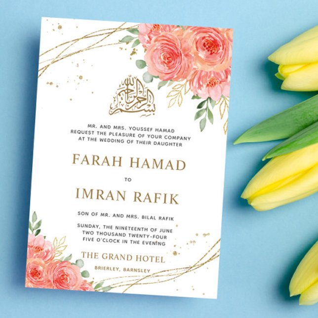 Peach Floral Gold Border Islamic Muslim Wedding Invitation (Creator Uploaded)