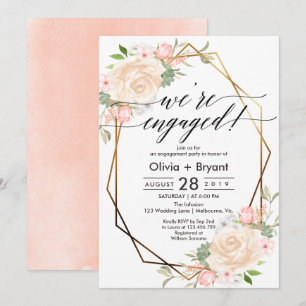 Peach floral gold geometric frame engagement party invitation