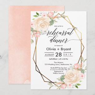 Peach floral gold geometric frame rehearsal dinner invitation