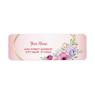 Peach Floral Gold Geometric Wedding Return Address