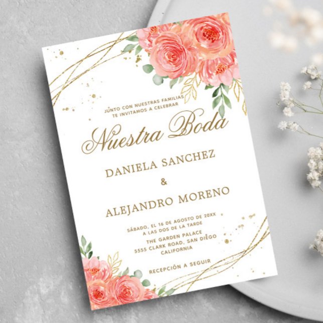 Peach Floral Gold Nuestra Boda Spanish Wedding Invitation (Creator Uploaded)