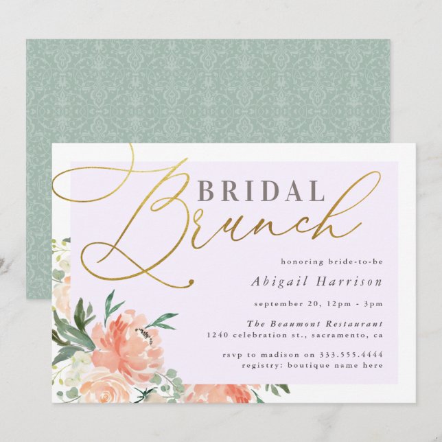 Peach Floral Gold Script Lavender Bridal Brunch Invitation (Front/Back)