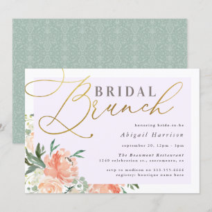 Peach Floral Gold Script Lavender Bridal Brunch Invitation
