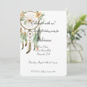 Peach Floral Green Dream Catcher Birthday  Invitation
