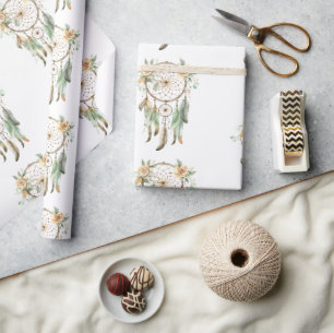 Peach Floral Green Dream Catcher Birthday  Wrapping Paper