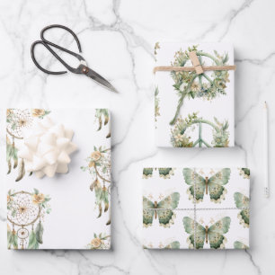 Peach Floral Green Dream Catcher Birthday  Wrapping Paper Sheet