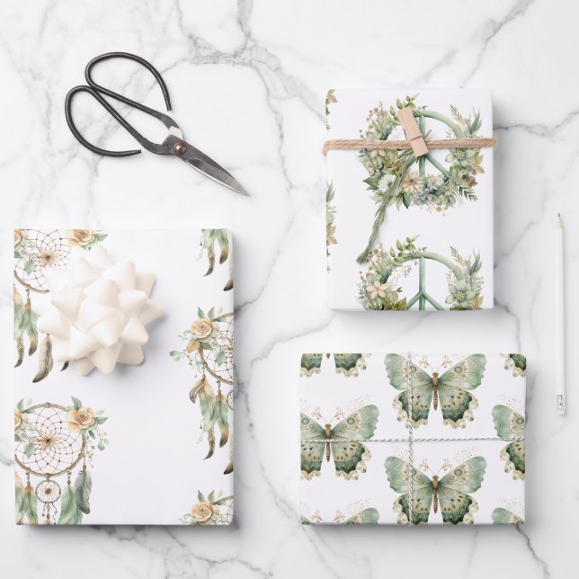 Peach Floral Green Dream Catcher Birthday  Wrapping Paper Sheet (Front)