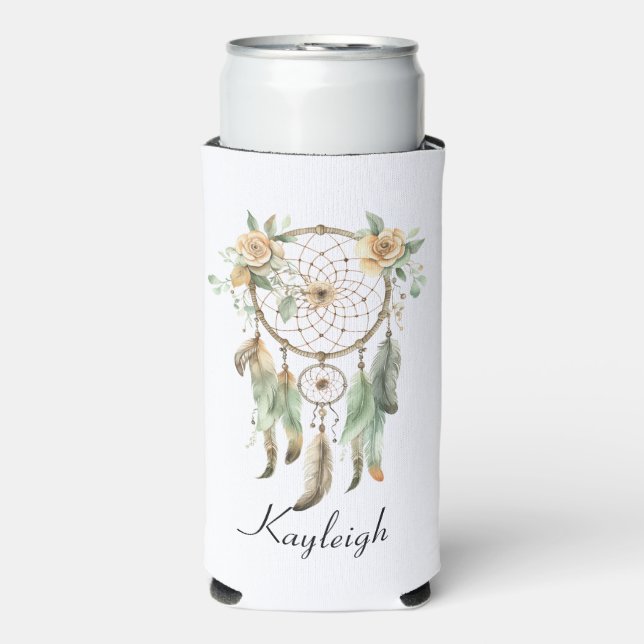 Peach Floral Green Dream Catcher   Seltzer Can Cooler (Seltzer Front)