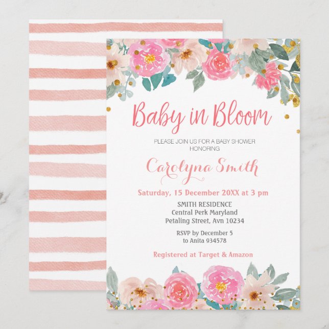 Peach Floral greenery Baby in Bloom Invitation (Front/Back)
