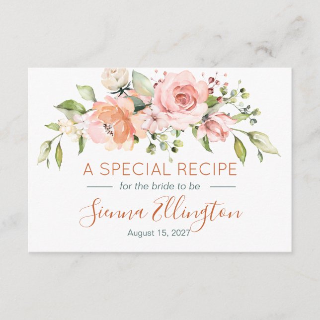 Peach floral & Greenery, Bridal Shower recipe Enclosure Card (Front)
