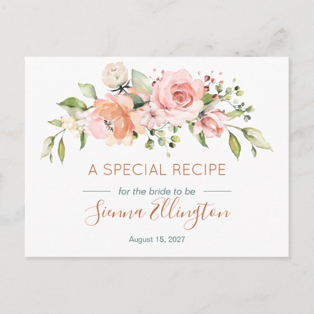 Peach floral & Greenery, Bridal Shower recipe Postcard (Front)