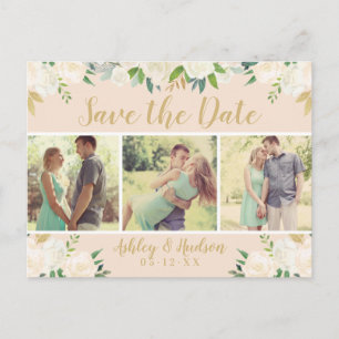 Peach Floral Greenery Photo Wedding Save the Date Announcement Postcard
