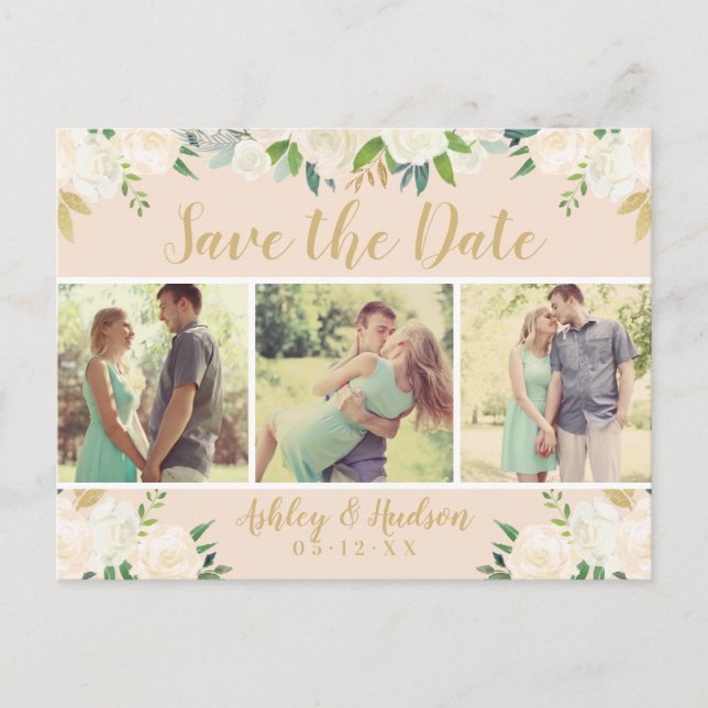 Peach Floral Greenery Photo Wedding Save the Date Announcement Postcard (Front)