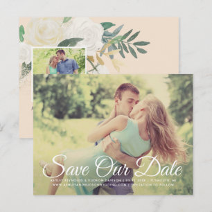 Peach Floral Greenery Wedding Photo Save the Date Announcement Postcard