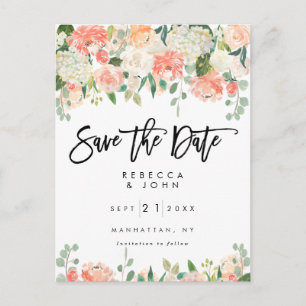 peach floral greenery wedding save the date card