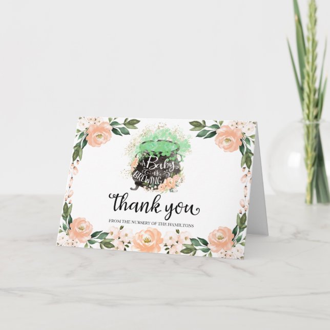 Peach Floral Halloween Baby Shower Thank You Card (Front)