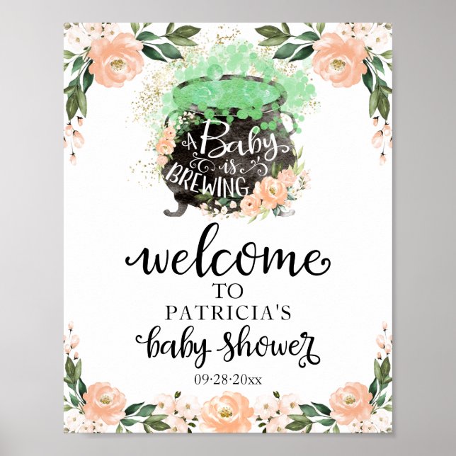 Peach Floral Halloween Baby Shower Welcome Sign  (Front)