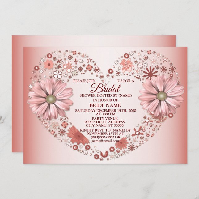 Peach Floral Heart Modern Bridal Shower Party Invitation (Front/Back)