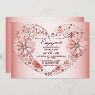 Peach Floral Heart Modern Engagement Party Invitation