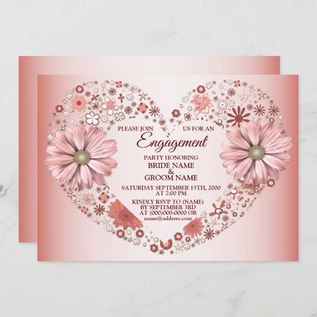 Peach Floral Heart Modern Engagement Party Invitation (Front/Back)