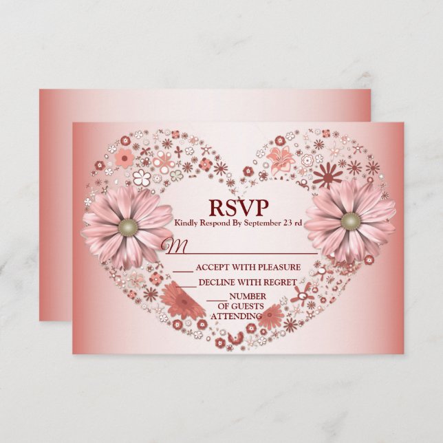 Peach Floral Heart Modern Party RSVP Card (Front/Back)