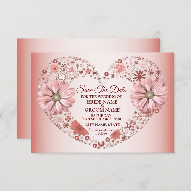 Peach Floral Heart Modern Save The Date (Front/Back)