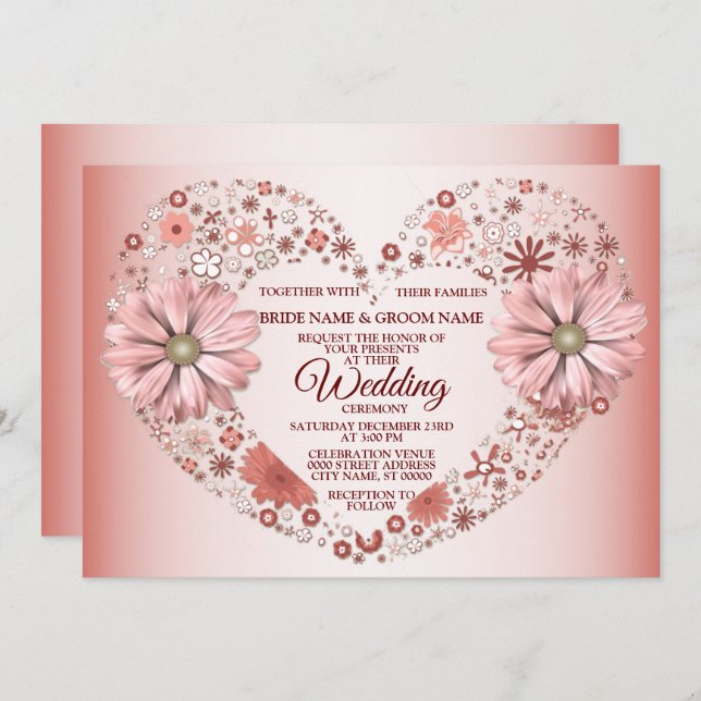 Peach Floral Heart Modern Wedding Invitation (Front/Back)