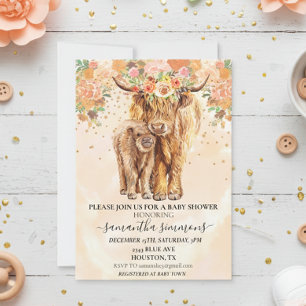  Peach Floral Highland Cow Calf Baby Shower  Invitation