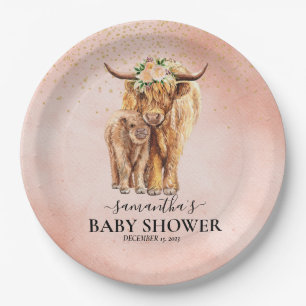 Peach Floral Highland Cow Calf Baby Shower  Paper Plate