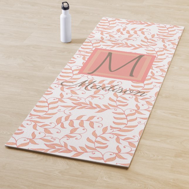 Peach Floral Leaf Natural Trendy Monogram Yoga Mat (In Situ)