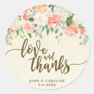 peach floral love and thanks favors sticker