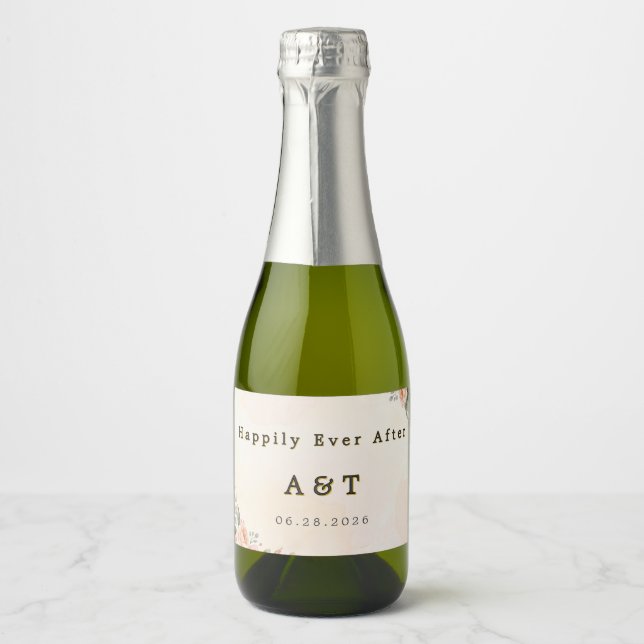 Peach Floral Mini Sparkling Wine Bottle Label (Front)
