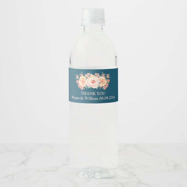 Peach Floral Navy Blue Custom Water Bottle Label (Front)