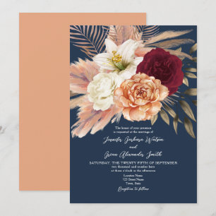 Peach Floral Navy Blue Wedding Invitation