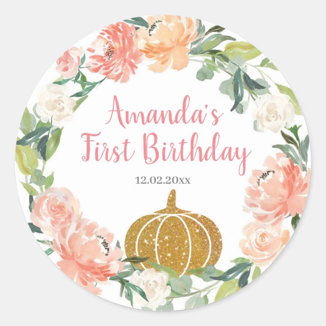 Peach Floral Our Little Pumpkin Birthday Classic Round Sticker (Front)