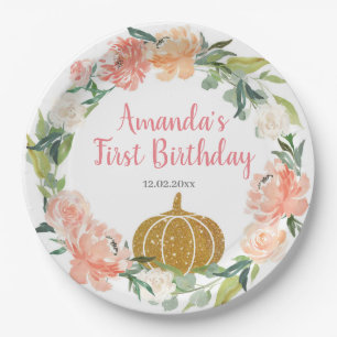 Peach Floral Our Little Pumpkin Birthday Paper Plate