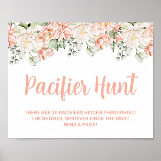 Peach Floral Pacifier Hunt Baby Shower Game Sign (Front)
