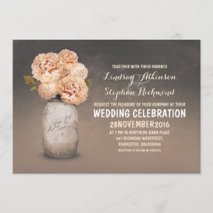 Peach floral painted mason jar wedding invitations