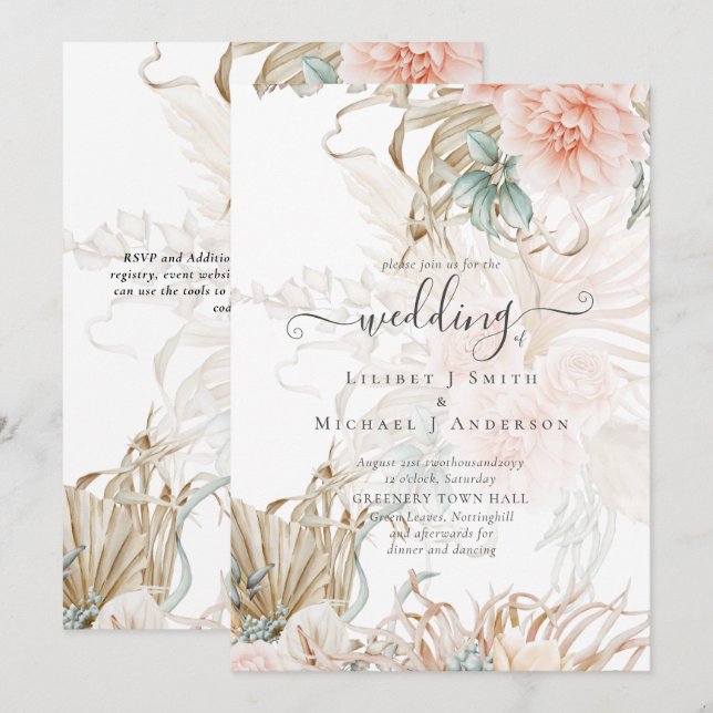 Peach Floral Pampas Grass BOHO Wedding Invitation (Front/Back)