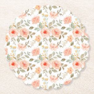 Peach Floral Paper Coasters, Wedding Flowers Decor Coaster