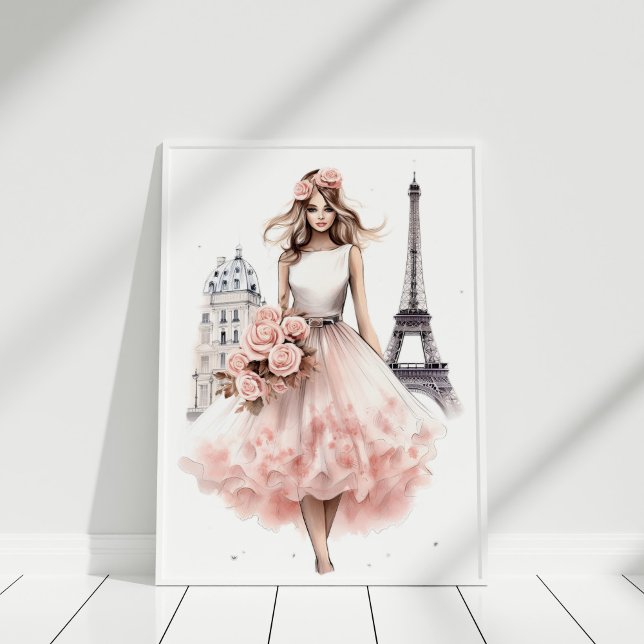 Peach Floral Paris Fashion Portrait Poster (Peach Floral Paris Fashion Portrait Poster in a white frame)