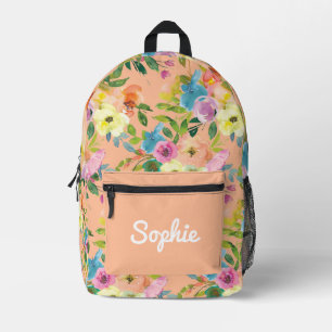 Peach Floral Pattern Personalised Girl Name Printed Backpack