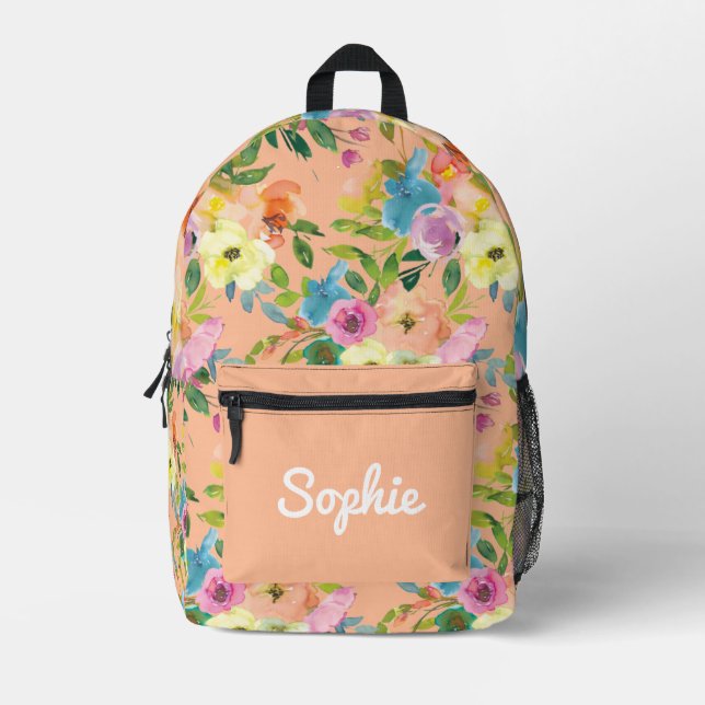Peach Floral Pattern Personalised Girl Name Printed Backpack (Front)